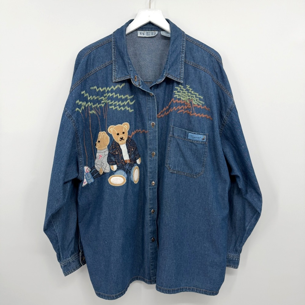 Vintage 90s Denim Tunic Top Shirt Womens 3X Embroidered Teddy Bear Applique Y2K